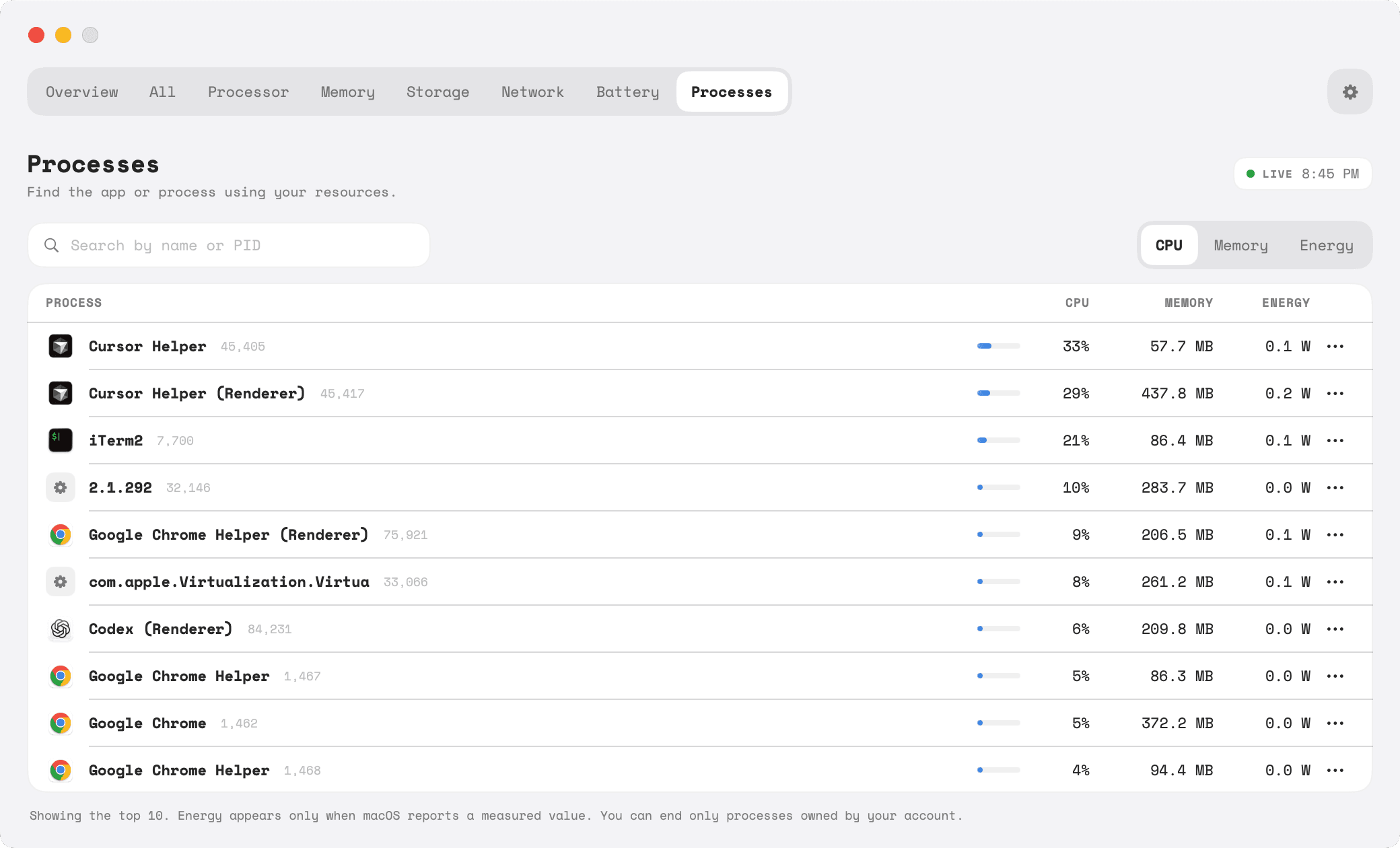 Tempo for Mac’s Processes page listing the ten busiest apps with icons, CPU, memory and energy.
